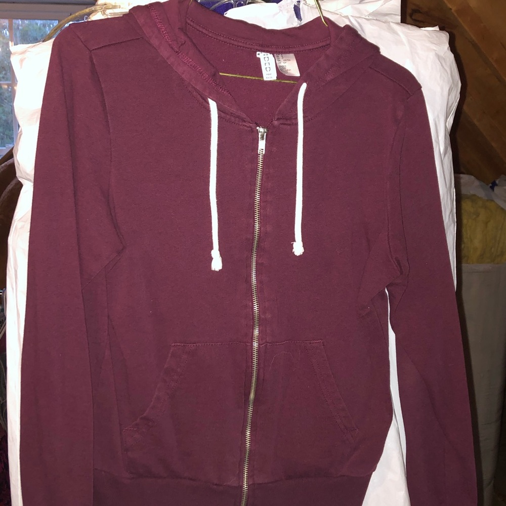 Burgundy zip up jacket with hood